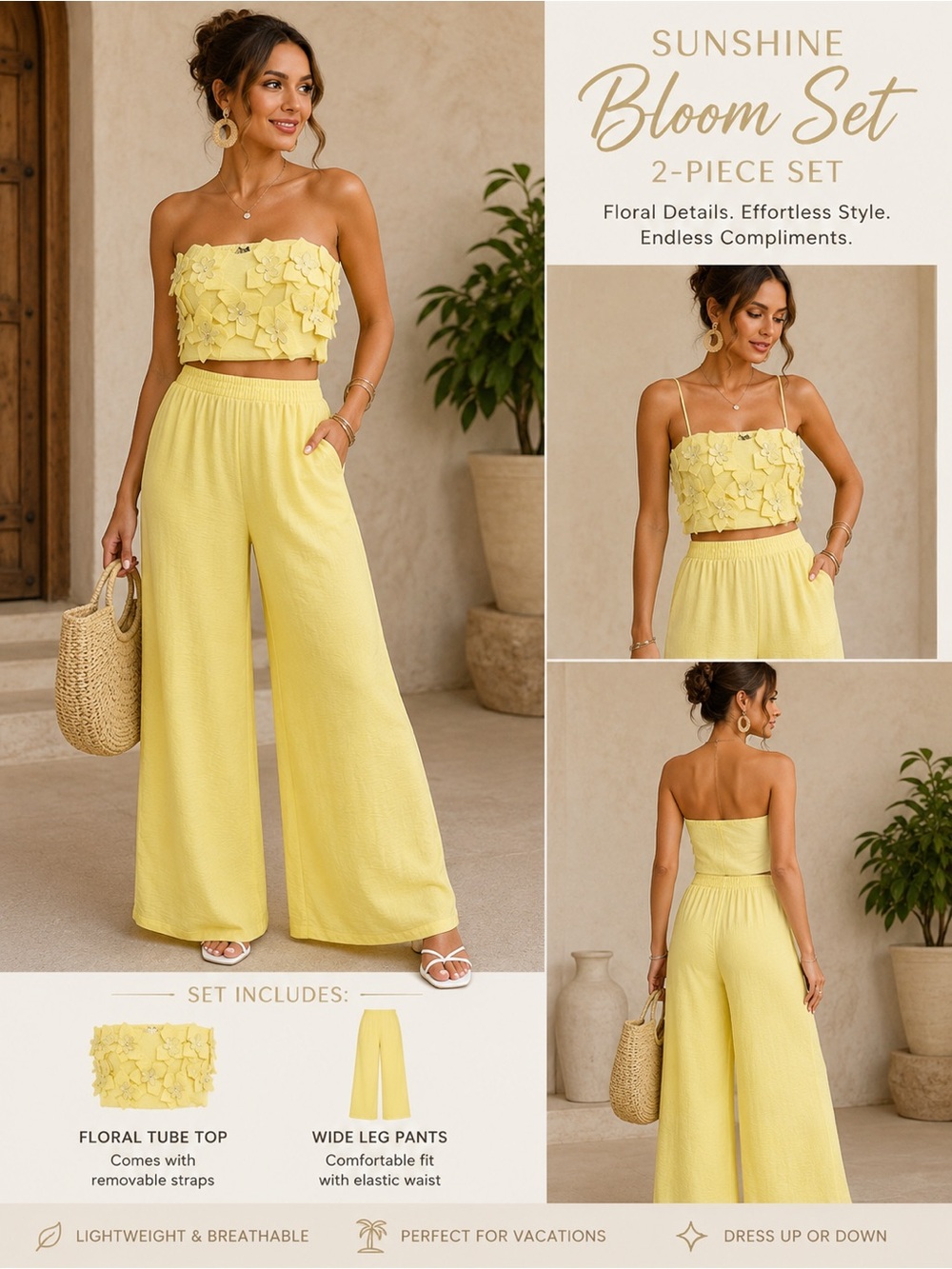 Main Strip Yellow Floral Tube Top & Wide-Leg Pants Set